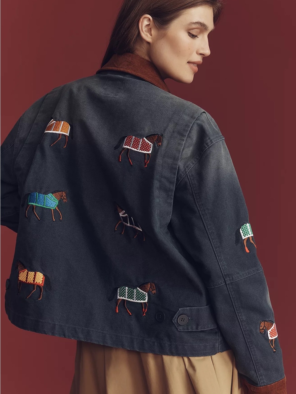 Found Lariat Blue Embroidered Horse Western Bohemian Utility Barn Jacket L - Picture 8 of 16